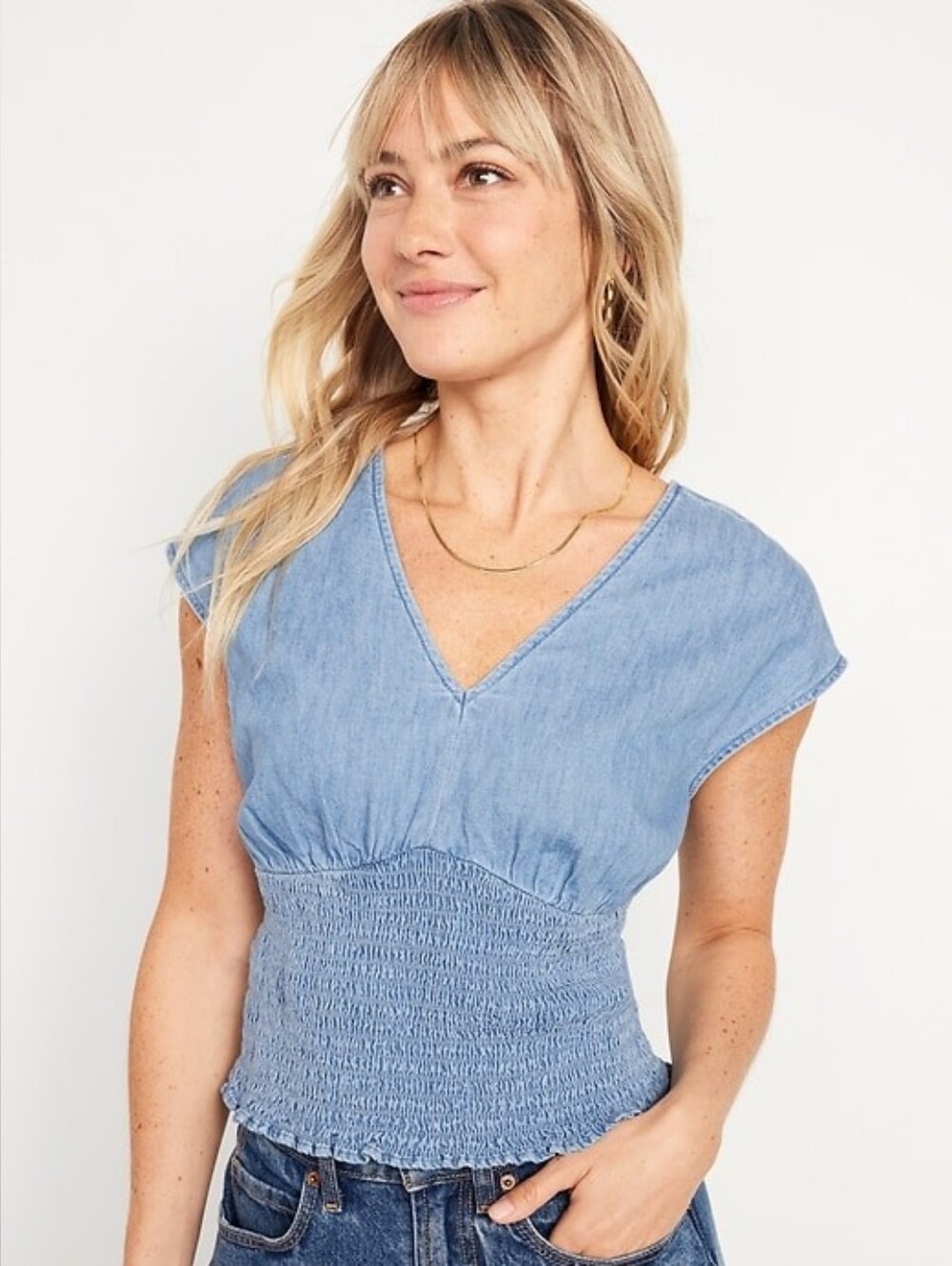 Old Navy Blue Denim Crop Ruched Waist Sz Medium Petite Tie Vack Sleeveless